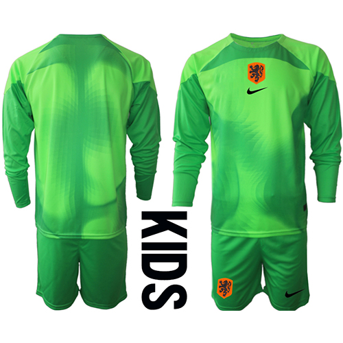 Camiseta Países Bajos Portero Primera Equipación para niños Mundial 2022 manga larga (+ pantalones cortos)